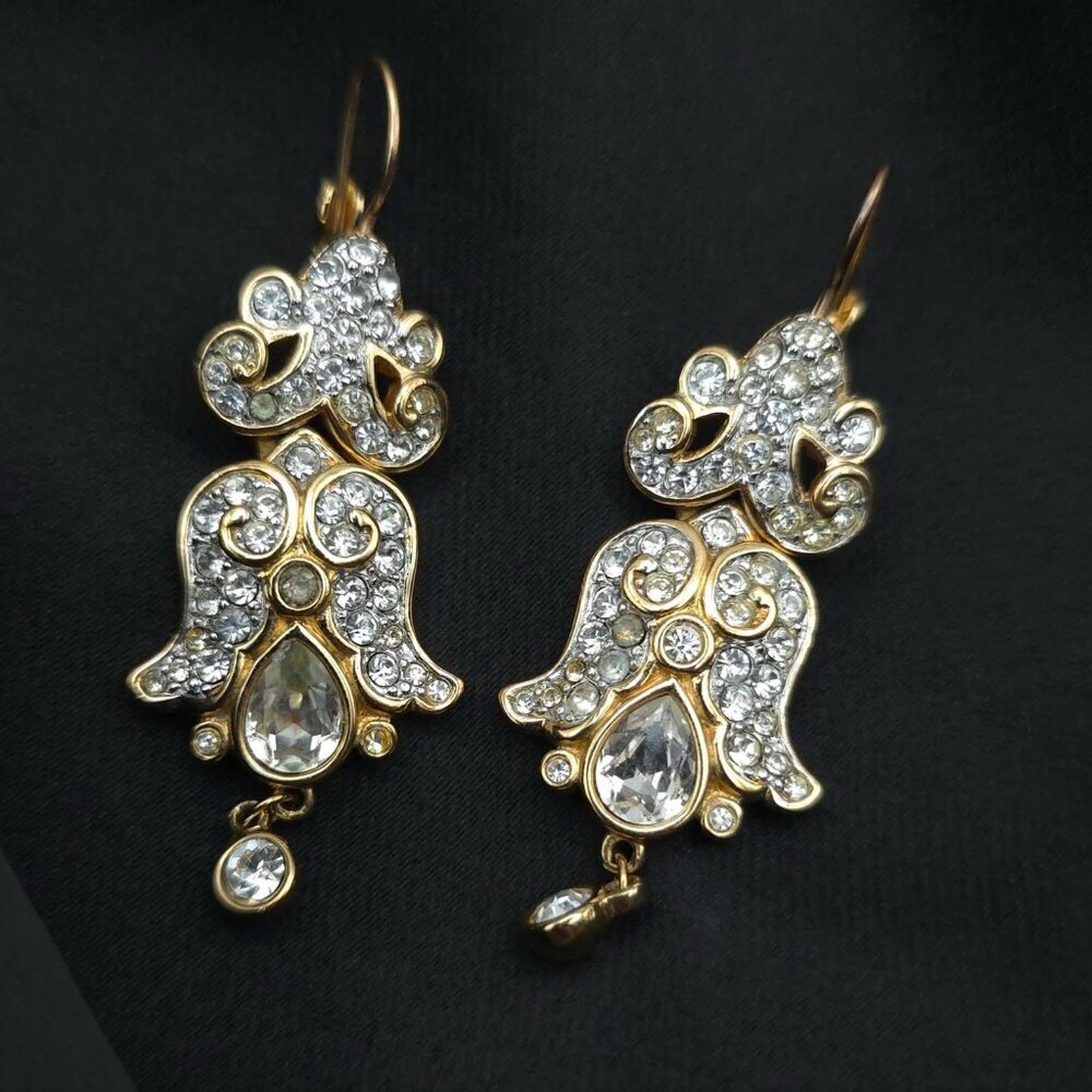 Swarovski Crystal Swan Signed‎ 2 inch Long Dangling Chandelier PIERCED Earrings